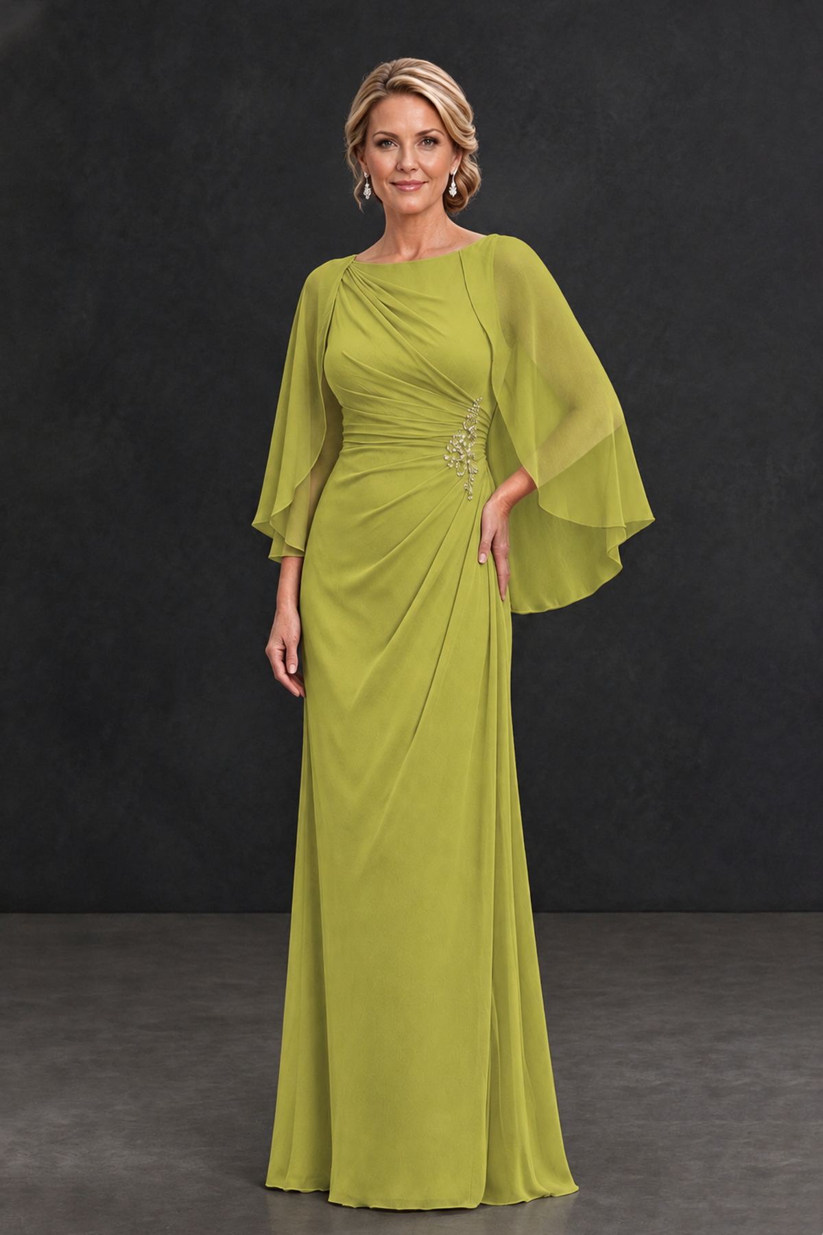 BOLODOO Chartreuse Cape Sleeve Mother of the Bride Dress with Ruched Waist - Chartreuse - Chartreuse_1