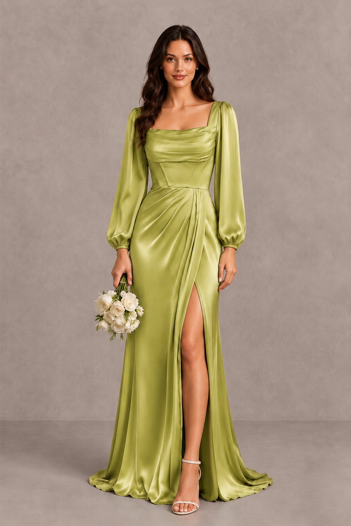 BOLODOO Chartreuse Satin-Look Long Sleeve Evening Dress with High Slit - Chartreuse - Chartreuse_1