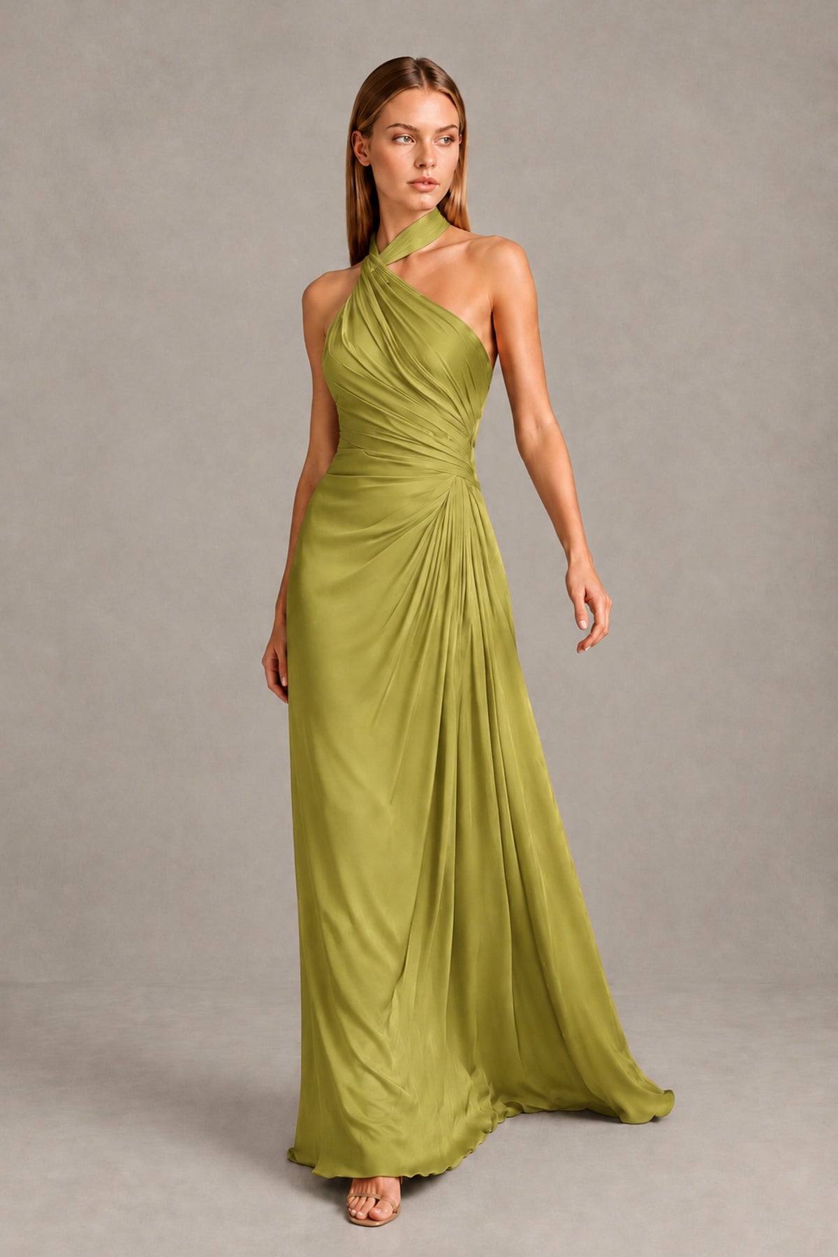 BOLODOO Chartreuse Twisted Halter Neck Ruched Sleeveless Open Back Floor-Length Gown - Chartreuse - Chartreuse_1