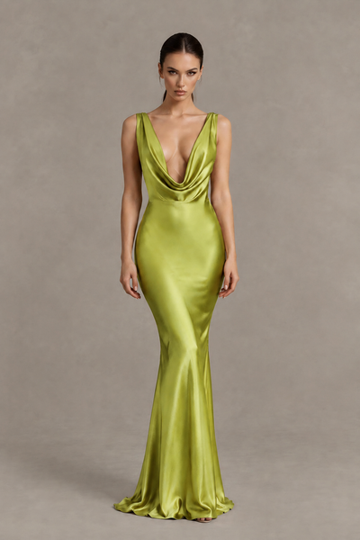 BOLODOO Chartreuse Cowl Neck Backless Satin Mermaid Evening Dress - Chartreuse - Chartreuse_1