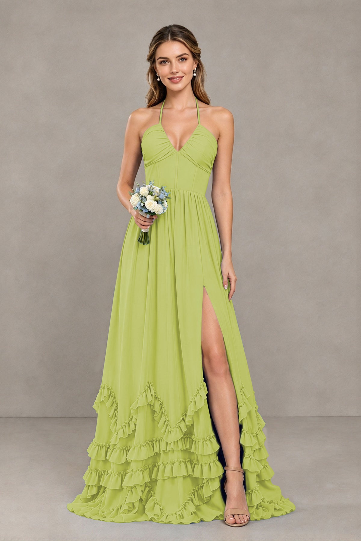 BOLODOO Chartreuse Halter Ruffle Hem A-Line Bridesmaid Dress with High Slit - Chartreuse - Chartreuse(1)