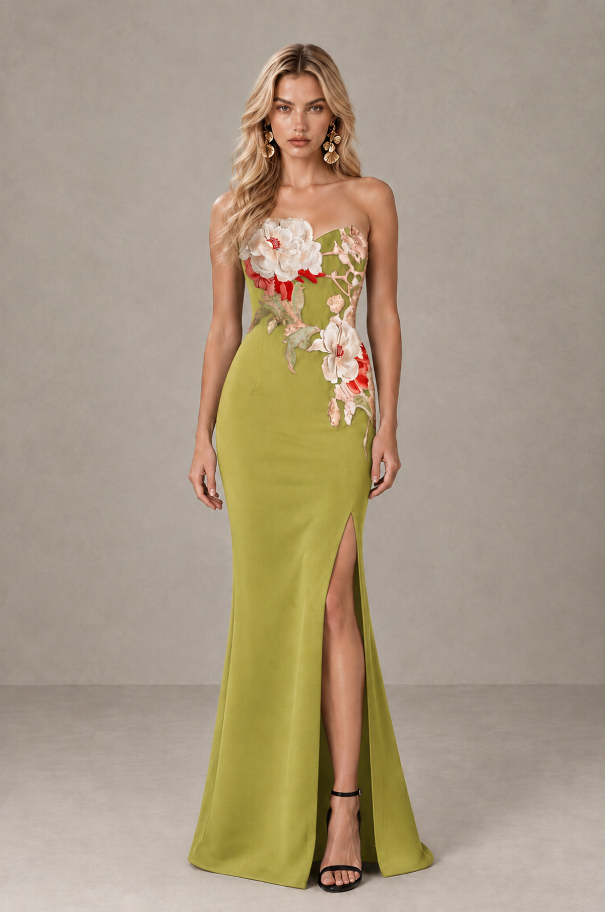 BOLODOO Chartreuse Strapless Floral Mermaid Evening Dress with Slit - Chartreuse - Chartreuse_1