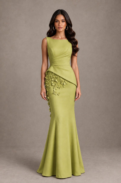 BOLODOO Chartreuse Bateau Neck Sleeveless Asymmetric Peplum 3D Petal Appliqué Mermaid Gown BD0421 - Chartreuse - Chartreuse_1