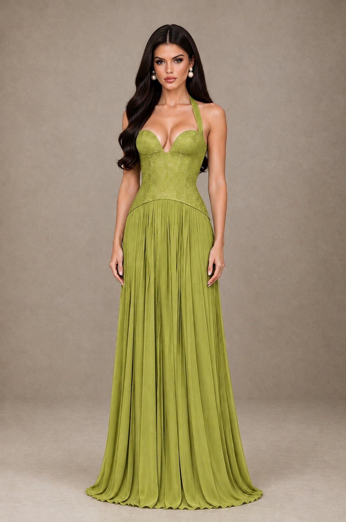 BOLODOO Chartreuse Halter Corset Pleated A-Line Evening Dress - Chartreuse - Chartreuse_1
