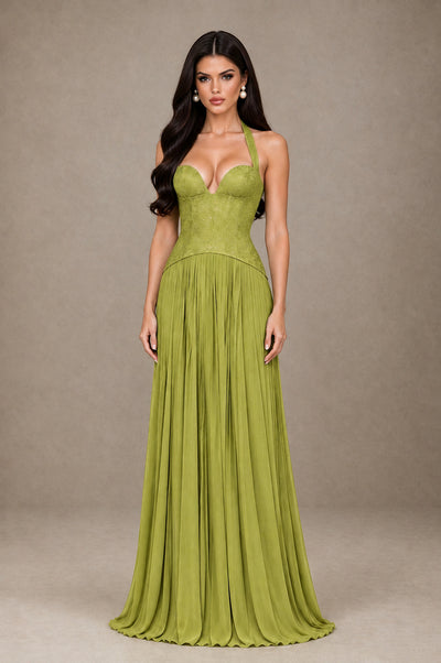 BOLODOO Chartreuse Halter Corset Pleated A-Line Evening Dress - Chartreuse - Chartreuse_1