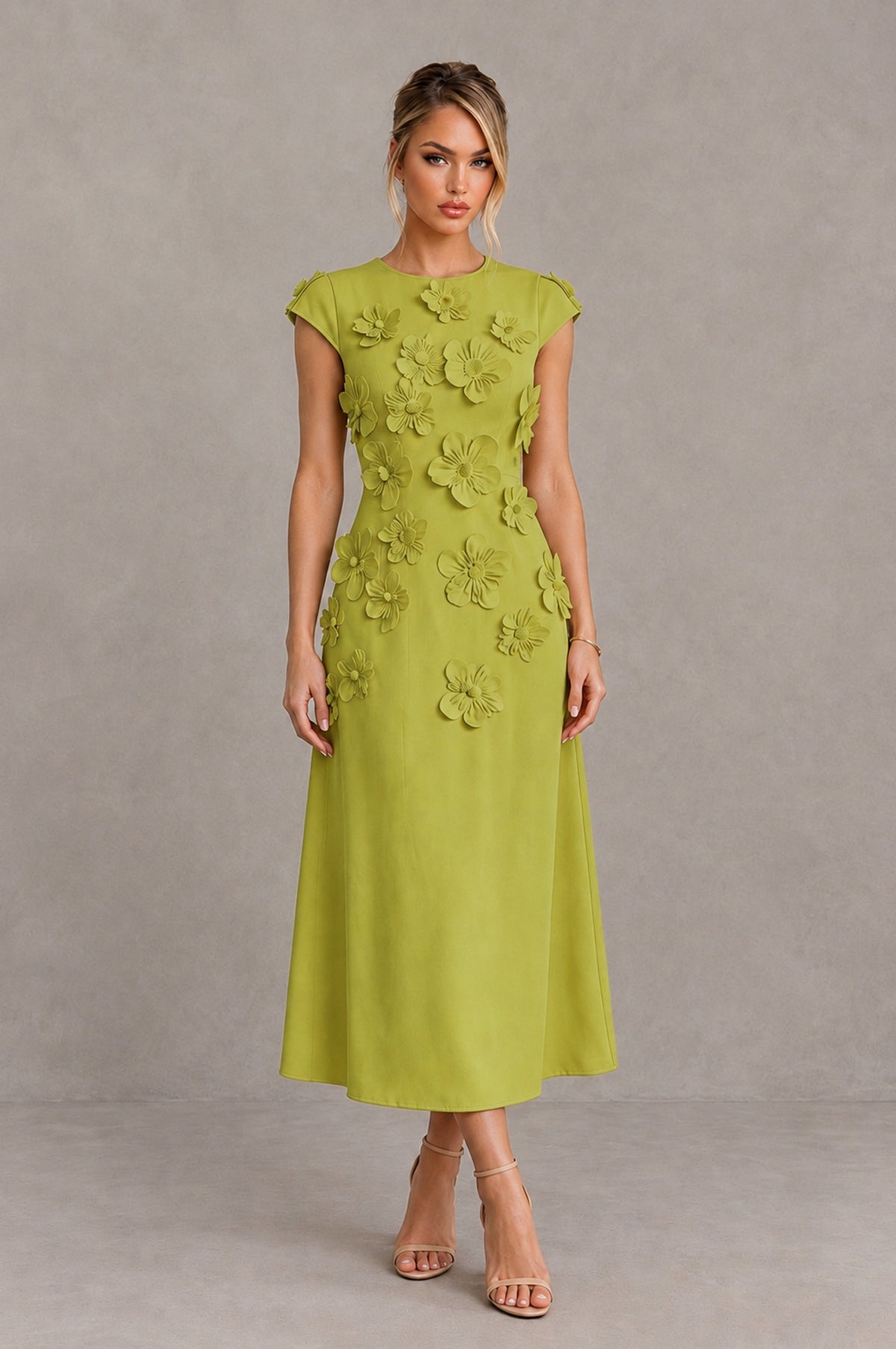 BOLODOO Chartreuse 3D Floral Cap Sleeve Midi Cocktail Dress - Chartreuse - Chartreuse_1