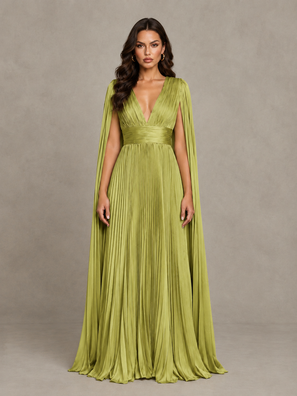 BOLODOO Chartreuse Deep V-Neck Pleated Cape Sleeve Evening Gown - Chartreuse - Chartreuse_1