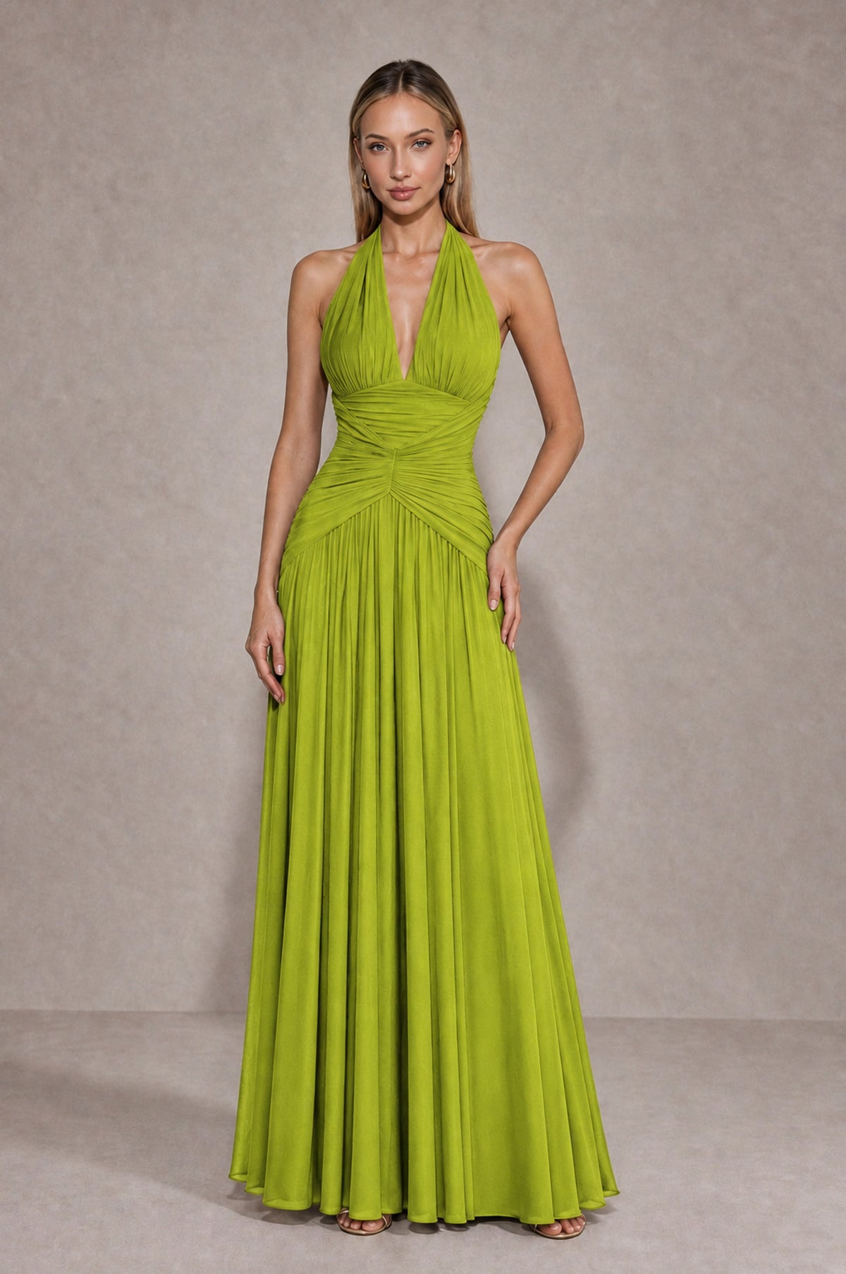 BOLODOO Chartreuse Chiffon Halter Deep V-Neck Ruched A-Line Backless Maxi Dress with Train-BD0167 - Chartreuse - Chartreuse_1