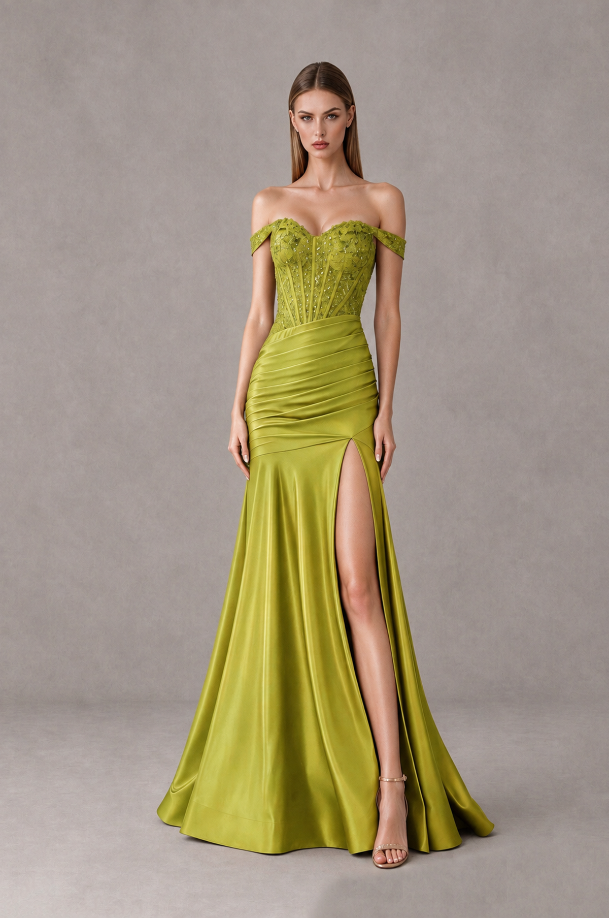 BOLODOO Chartreuse Off-Shoulder Corset Mermaid Prom Dress with Slit Sequin Lace Evening Gown - Chartreuse - Chartreuse_1
