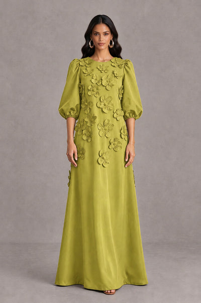 BOLODOO Chartreuse Floral Applique Puff Sleeve A-Line Evening Dress - Chartreuse - Chartreuse_1