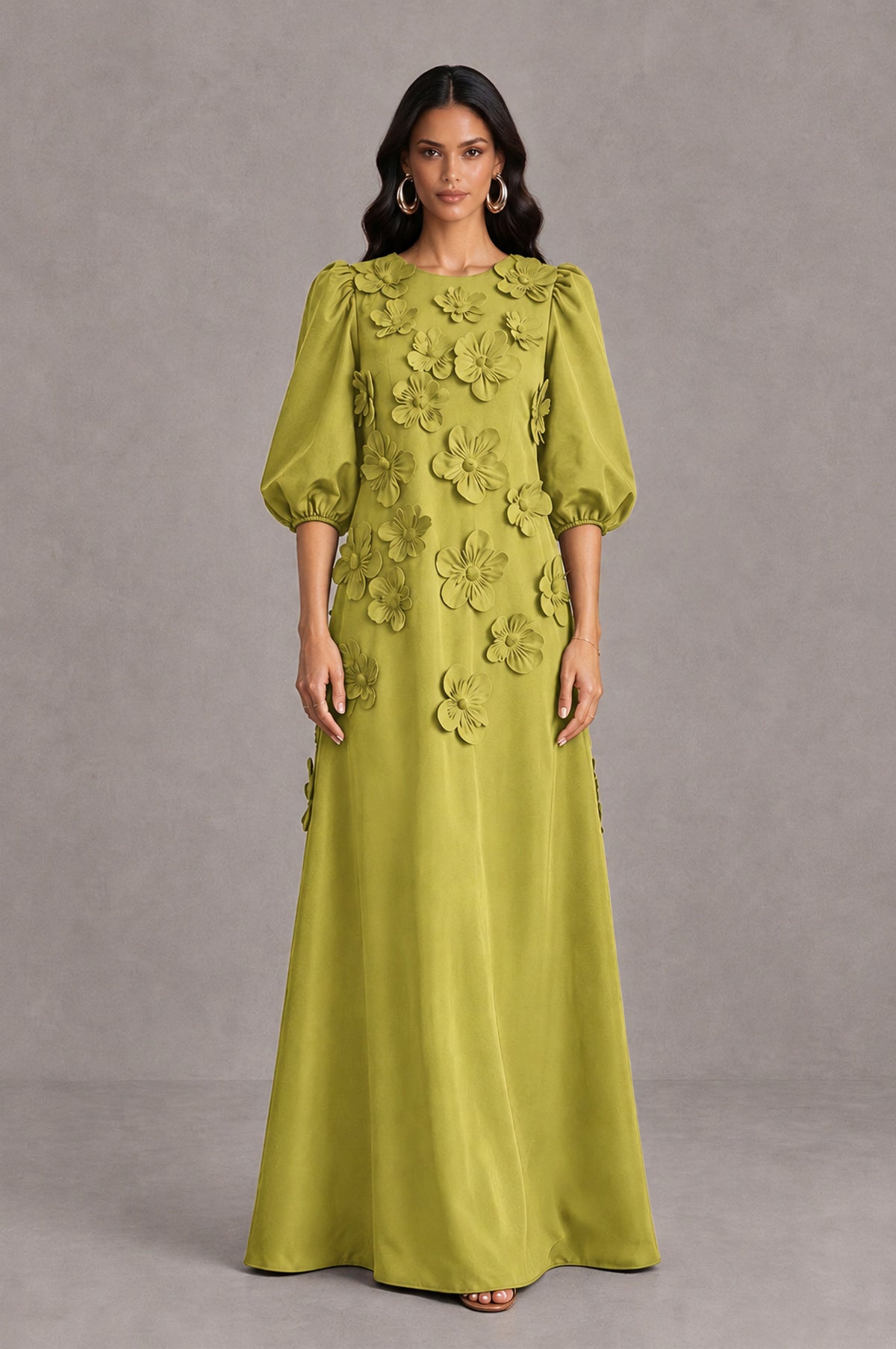 BOLODOO Chartreuse Floral Applique Puff Sleeve A-Line Evening Dress - Chartreuse - Chartreuse_1