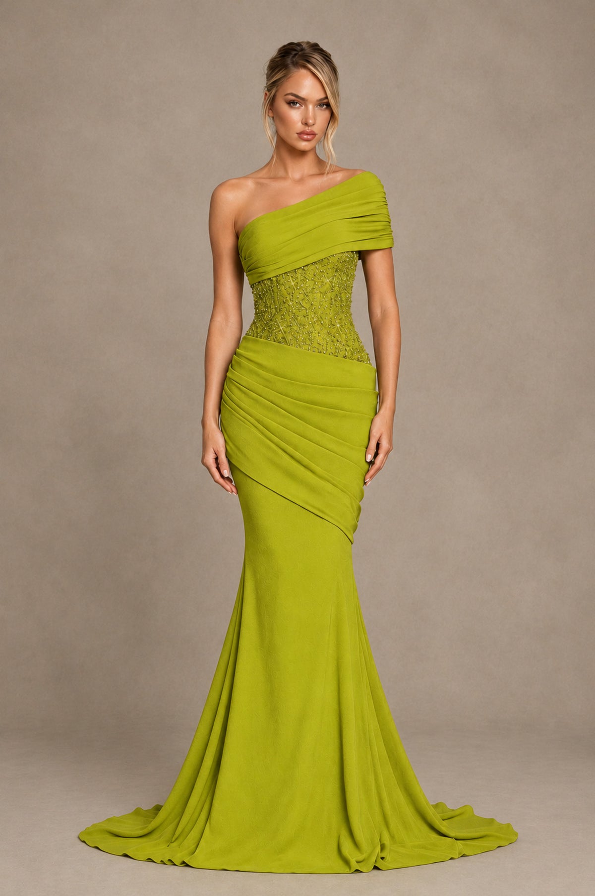 BOLODOO Chartreuse One-Shoulder Sequin Embroidered Ruched Mermaid Gown with Train - Chartreuse - Chartreuse_1