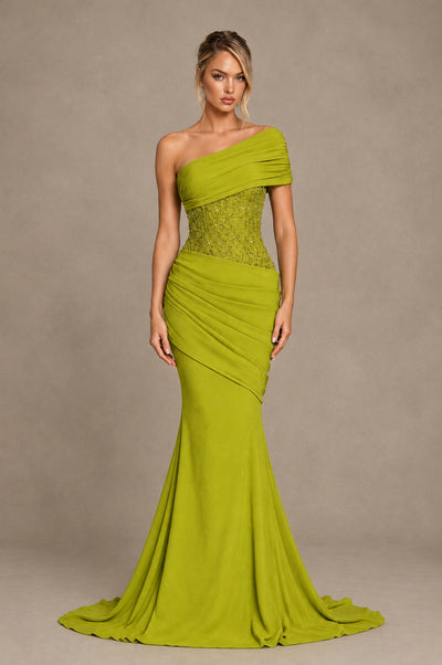 BOLODOO Chartreuse One-Shoulder Sequin Embroidered Ruched Mermaid Gown with Train - Chartreuse - Chartreuse_1