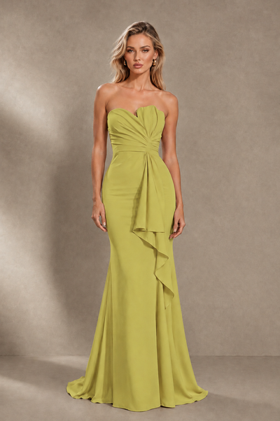 BOLODOO Chartreuse Strapless Sweetheart Ruched Mermaid Gown | Cascade Drape Formal Evening Dress - Chartreuse - Chartreuse_1