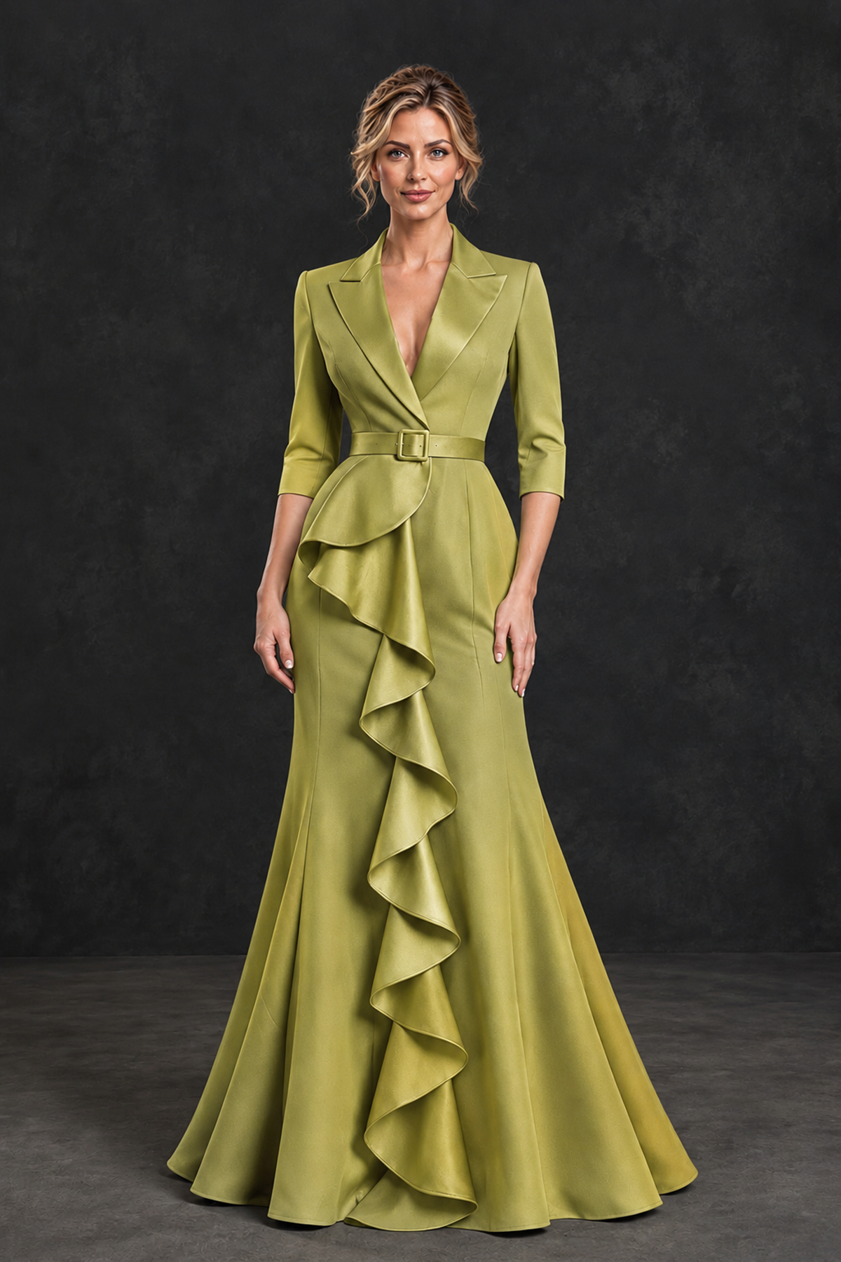 BOLODOO Chartreuse Lapel Ruffle Mother of the Bride Dress with Belt - Chartreuse - Chartreuse_1