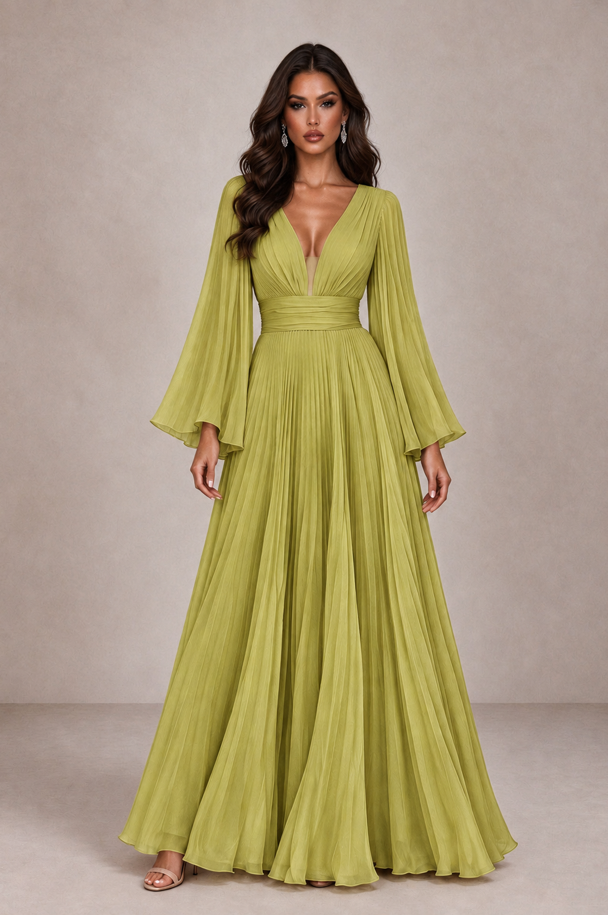 BOLODOO Chartreuse Pleated Deep V-Neck Long Bell Sleeve Evening Dress - Chartreuse - Chartreuse_1