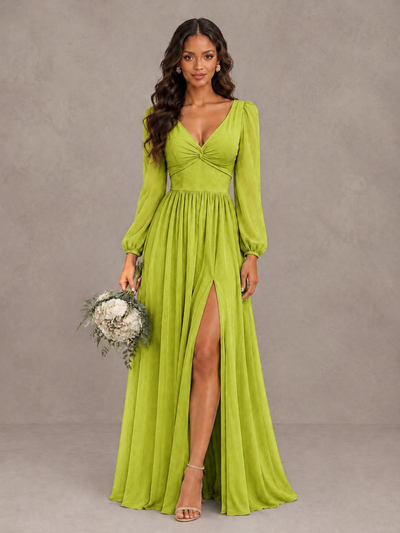 BOLODOO Chartreuse V-Neck Long Sleeve Bridesmaid Dress with Tie Back and Slit - Chartreuse - Chartreuse_1