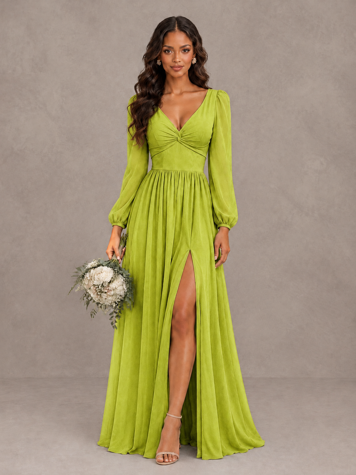 BOLODOO Chartreuse V-Neck Long Sleeve Bridesmaid Dress with Tie Back and Slit - Chartreuse - Chartreuse_1