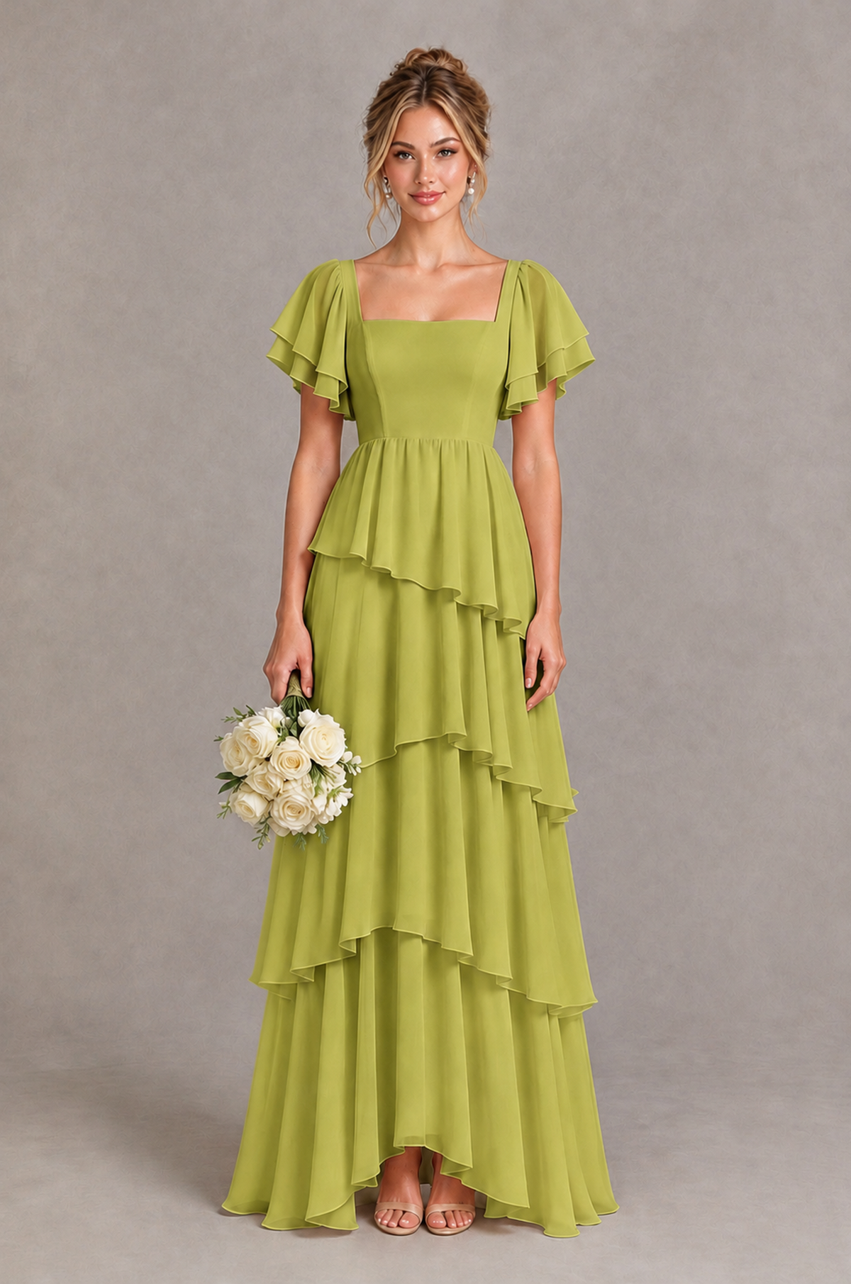 BOLODOO Chartreuse Square Neck Flutter Sleeve Tiered Chiffon Bridesmaid Dress with Lace-Up Back - Chartreuse - Chartreuse_1