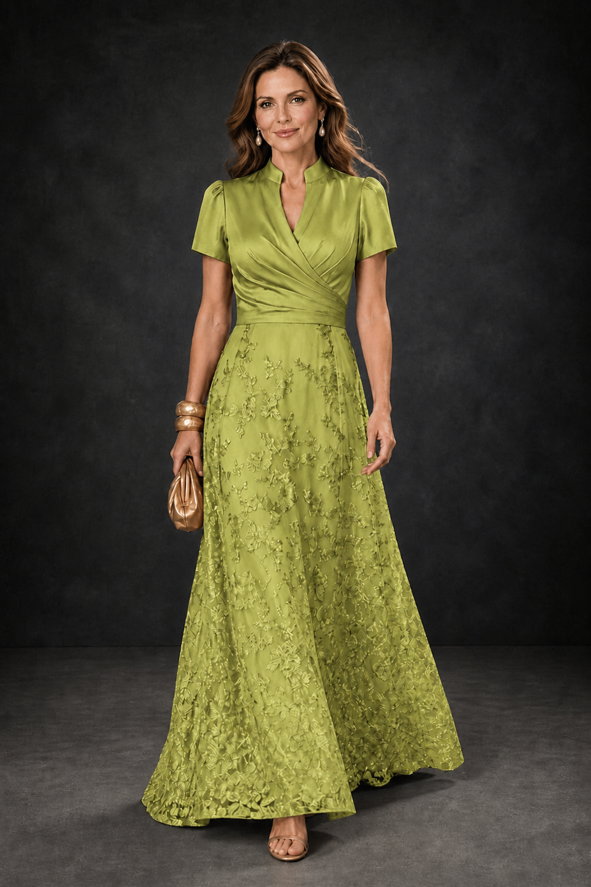 BOLODOO Chartreuse Satin Wrap V-Neck Short Sleeve Lace Glitter A-Line Floor Length Evening Gown – Formal Dress - Chartreuse - Chartreuse_1