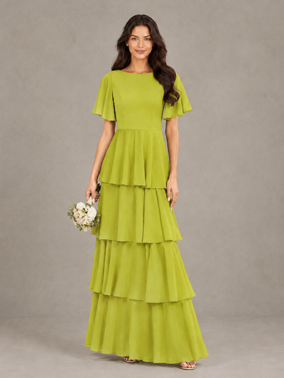 BOLODOO Chartreuse Tiered Flutter Sleeve Bridesmaid Dress - Chartreuse - Chartreuse_1