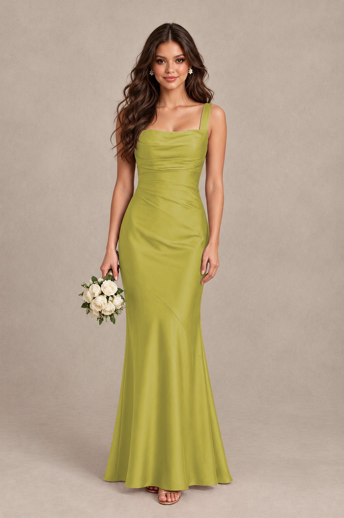 BOLODOO Chartreuse Square Neck Ruched Satin Lace-Up Bridesmaid Dress - Chartreuse - Chartreuse_1