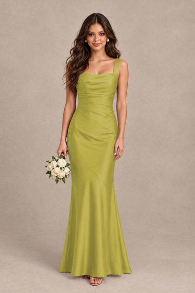 BOLODOO Chartreuse Square Neck Ruched Satin Lace-Up Bridesmaid Dress - Chartreuse - Chartreuse_1