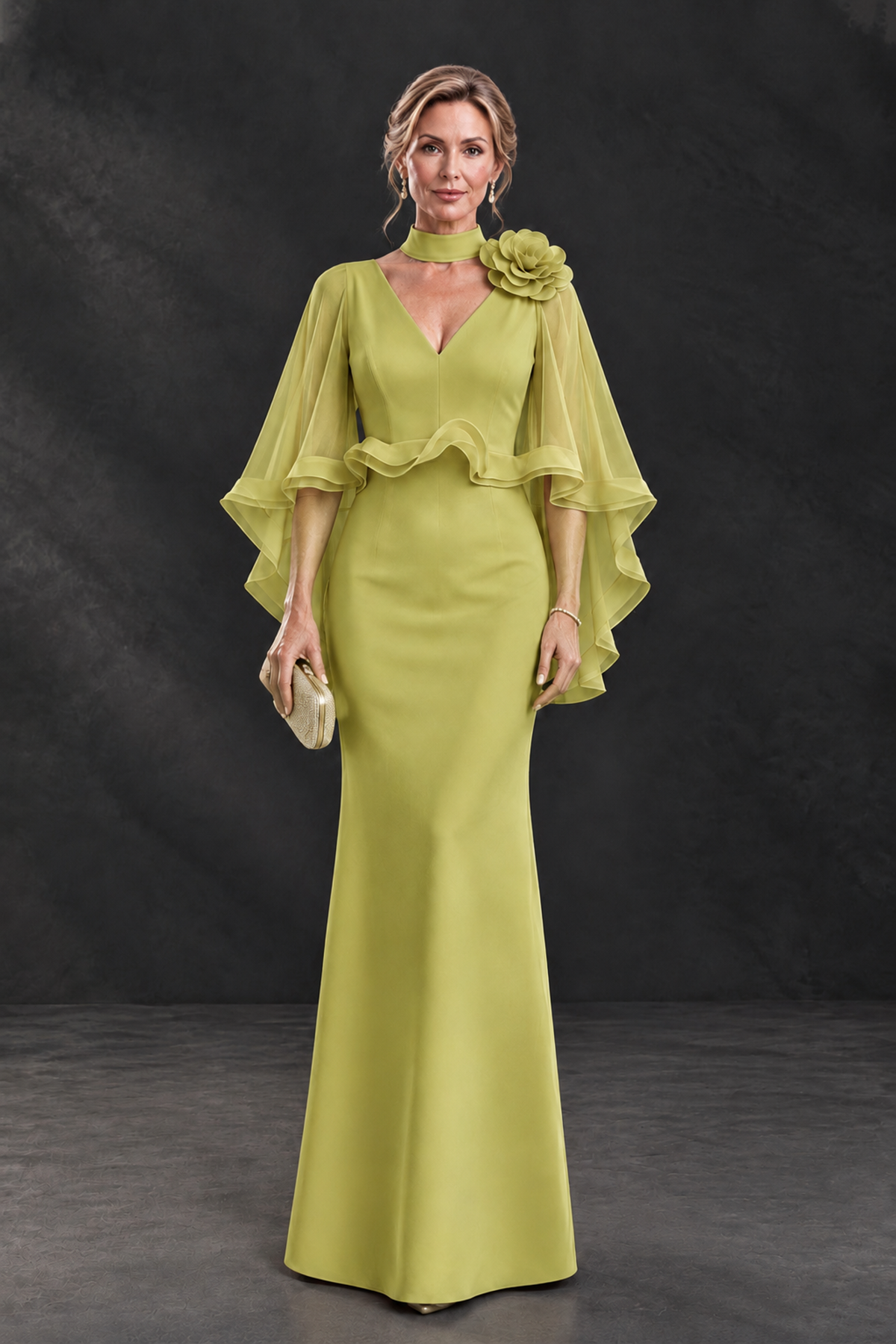 BOLODOO Chartreuse Floral Cape Sleeve Mother of the Bride Dress - Chartreuse - Chartreuse_1