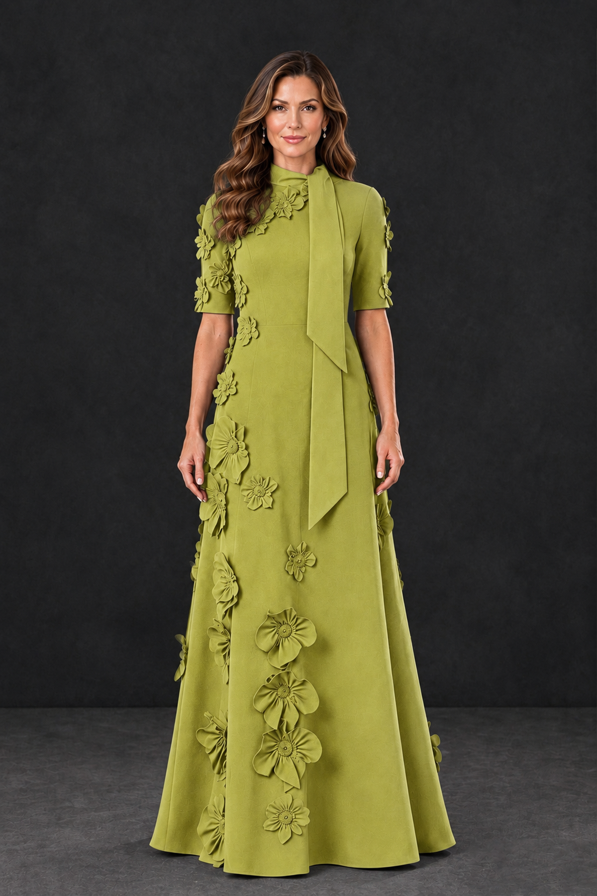 BOLODOO Chartreuse Floral Applique High-Neck Half-Sleeve Gown - Chartreuse - Chartreuse_1