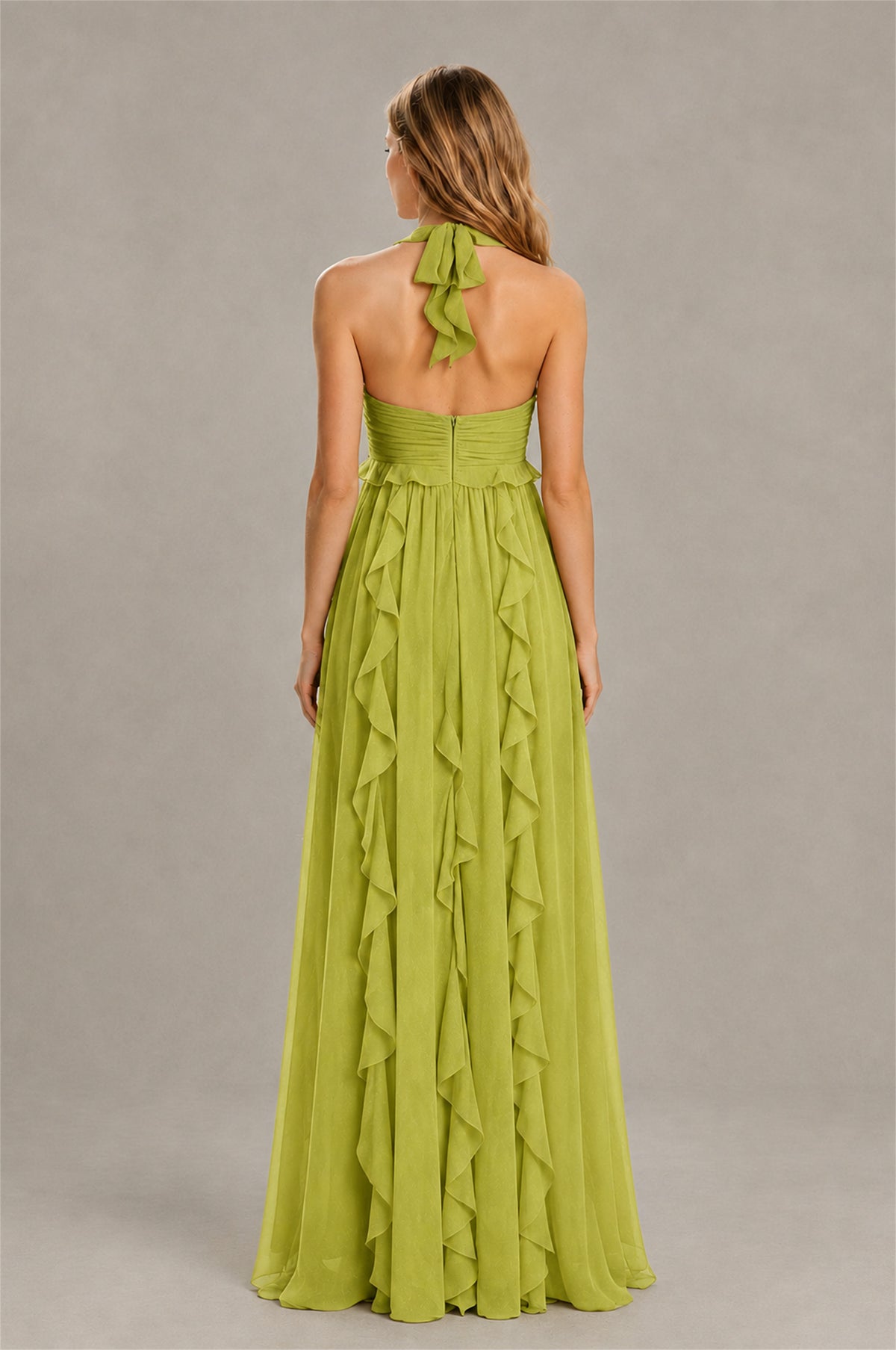 BOLODOO Chartreuse Halter Ruffle A-Line Floor-Length Evening Dress - Chartreuse - Chartreuse_2