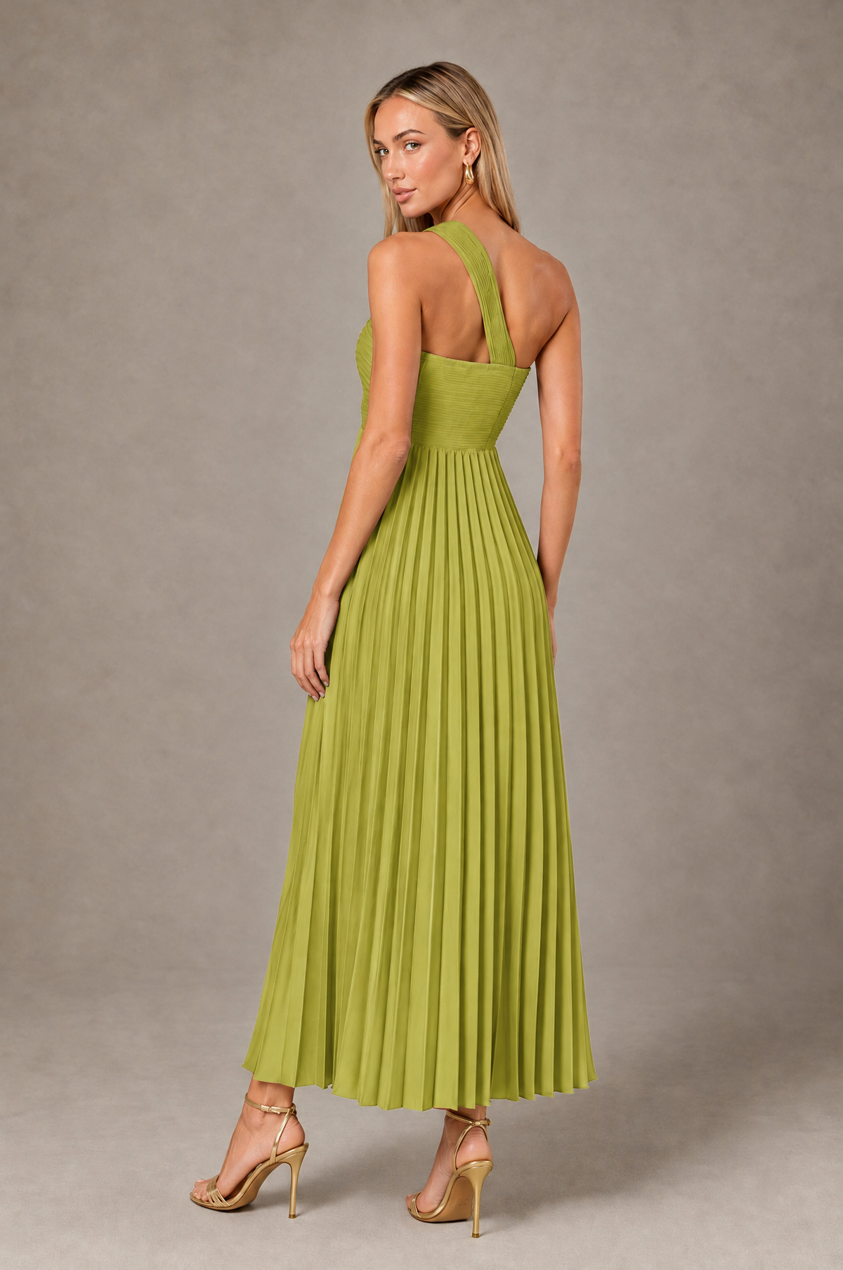 BOLODOO Chartreuse One-Shoulder Twist Knot Pleated Satin Midi Dress with Cutout - Chartreuse - Chartreuse_2