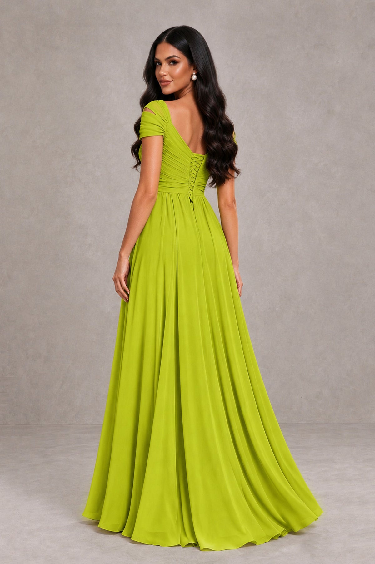 BOLODOO Chartreuse Cold Shoulder Chiffon Evening Dress with V Neck and High Slit - Chartreuse - Chartreuse_2