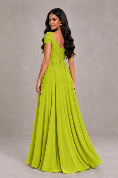 BOLODOO Chartreuse Cold Shoulder Chiffon Evening Dress with V Neck and High Slit - Chartreuse - Chartreuse_2