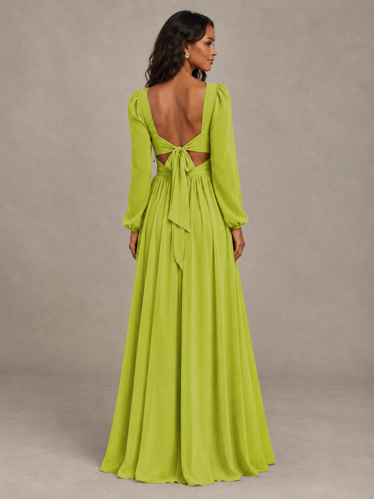 BOLODOO Chartreuse V-Neck Long Sleeve Bridesmaid Dress with Tie Back and Slit - Chartreuse - Chartreuse_2