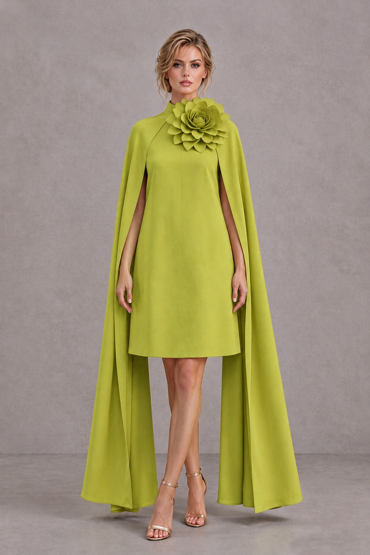 BOLODOO Chartreuse High Neck Floral Cape Mini Cocktail Dress - Chartreuse - Chartreuse_2