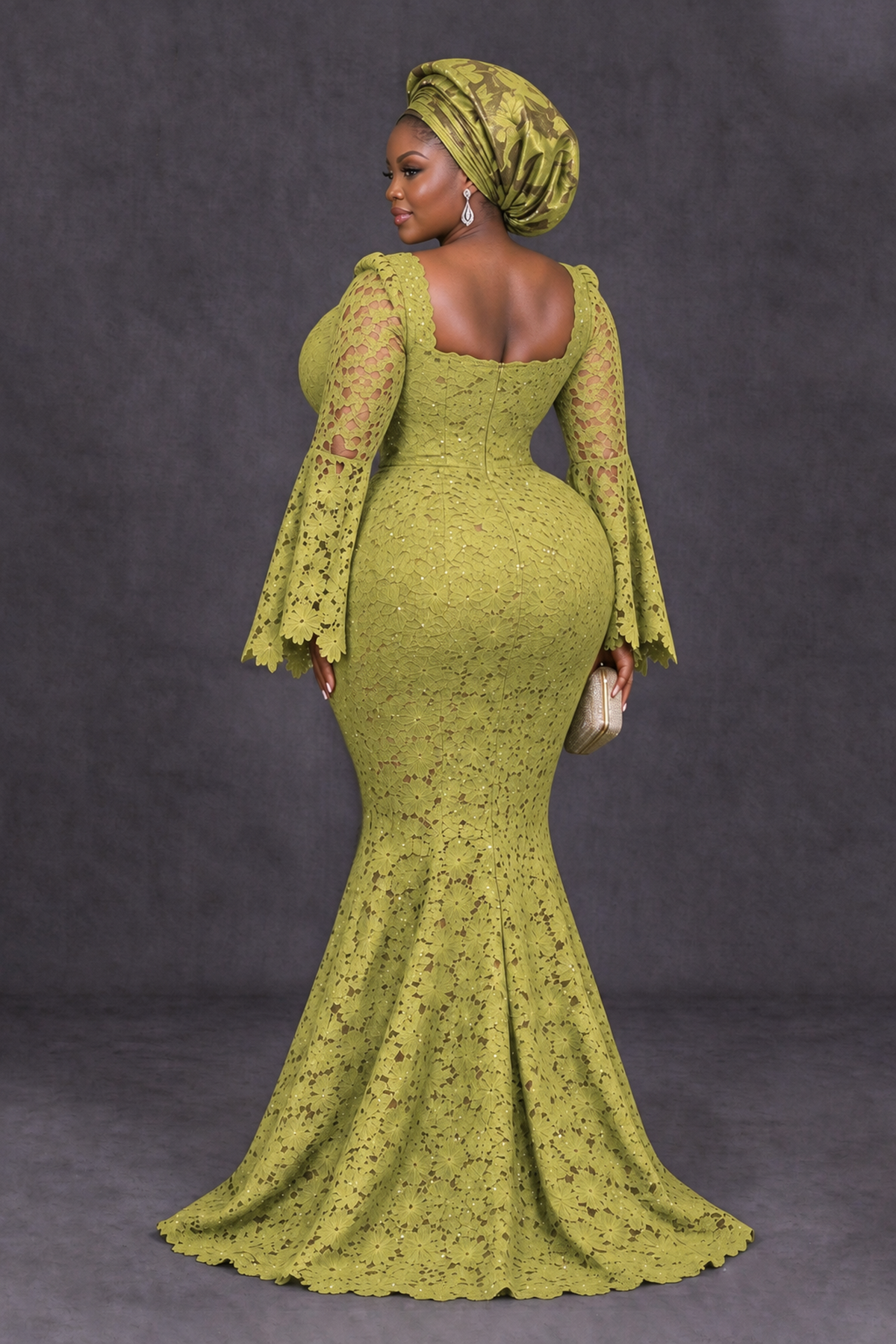 BOLODOO Chartreuse African Lace Mermaid Dress, Plus Size Nigerian Wedding Guest Gown with Bell Sleeves - Chartreuse - Chartreuse_2