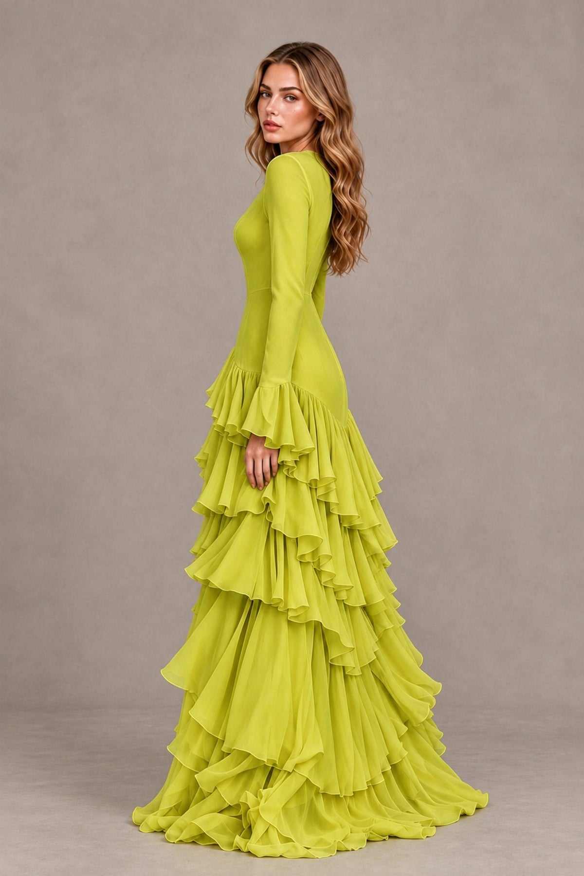 Chartreuse Long Sleeve Tiered Ruffle Evening Gown - Chartreuse - Chartreuse_2
