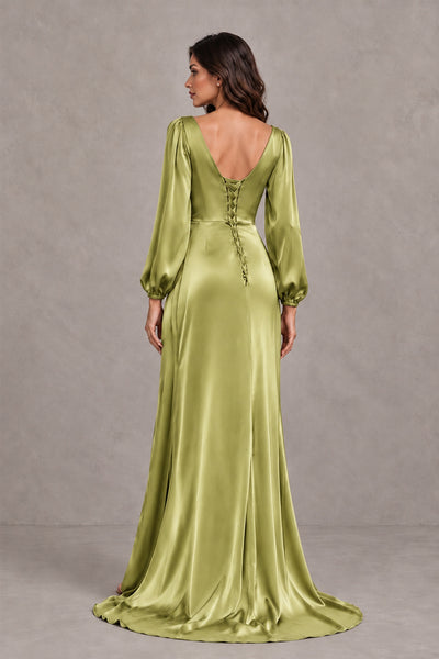 BOLODOO Chartreuse Satin-Look Long Sleeve Evening Dress with High Slit - Chartreuse - Chartreuse_2