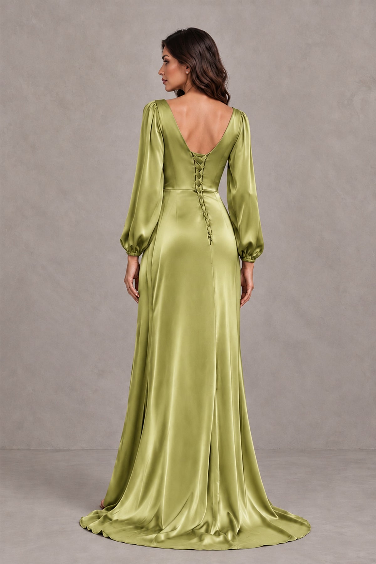 BOLODOO Chartreuse Satin-Look Long Sleeve Evening Dress with High Slit - Chartreuse - Chartreuse_2