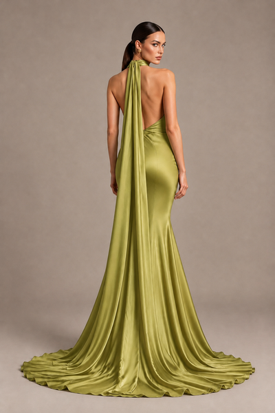 BOLODOO Chartreuse One-Shoulder Satin Mermaid Evening Dress with Scarf - Chartreuse - Chartreuse_2
