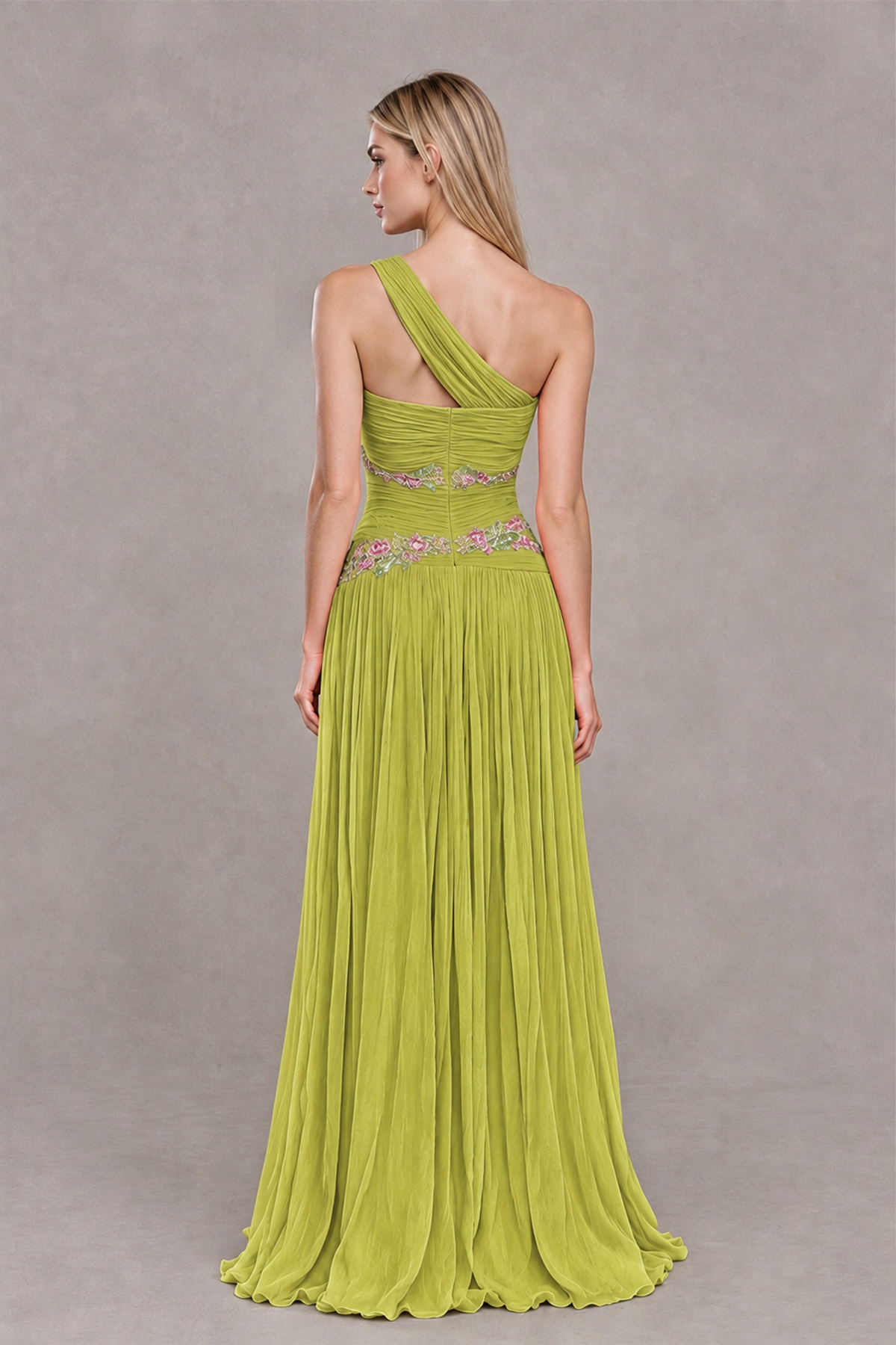 BOLODOO Chartreuse One-Shoulder Floral Applique A-Line Evening Dress - Chartreuse - Chartreuse_2