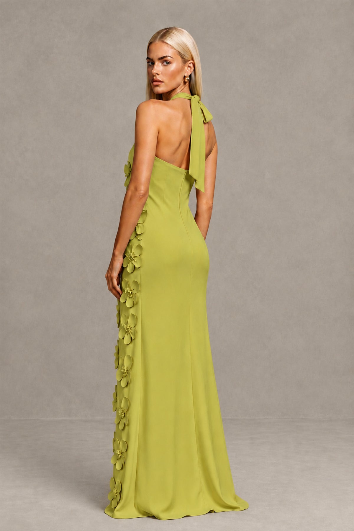 BOLODOO Chartreuse Cross Halter Neck 3D Floral Appliqué Backless Mermaid Maxi Gown - Chartreuse - Chartreuse_2