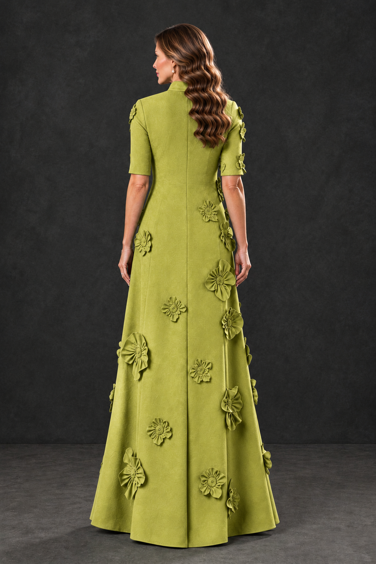 BOLODOO Chartreuse Floral Applique High-Neck Half-Sleeve Gown - Chartreuse - Chartreuse_2
