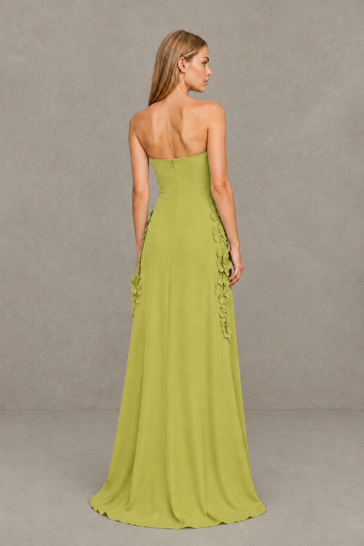 BOLODOO Chartreuse Strapless 3D Floral Appliqué Crepe Maxi Gown - Chartreuse - Chartreuse_2