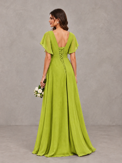 BOLODOO Chartreuse Flutter Sleeve V-Neck Bridesmaid Dress with Ruffle Slit - Chartreuse - Chartreuse_2