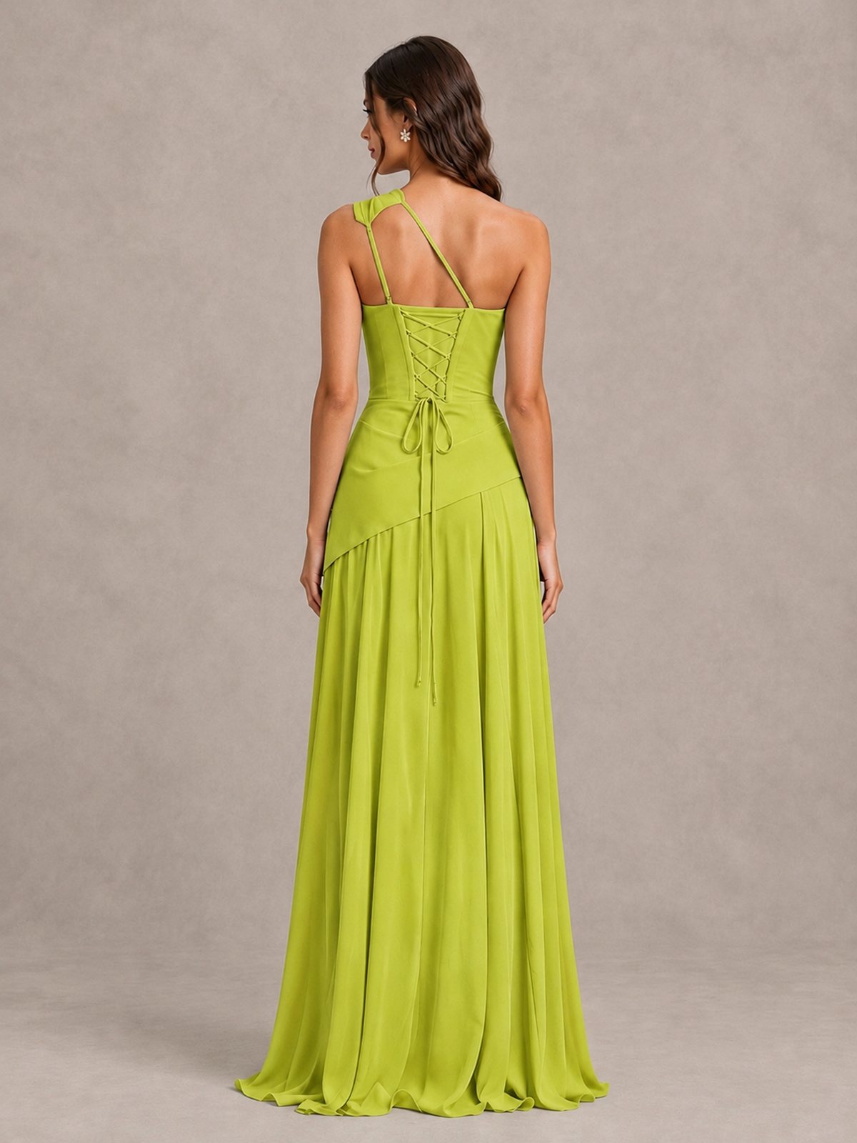 BOLODOO Chartreuse One-Shoulder Lace-Up Back Bridesmaid Dress - Chartreuse - Chartreuse_2