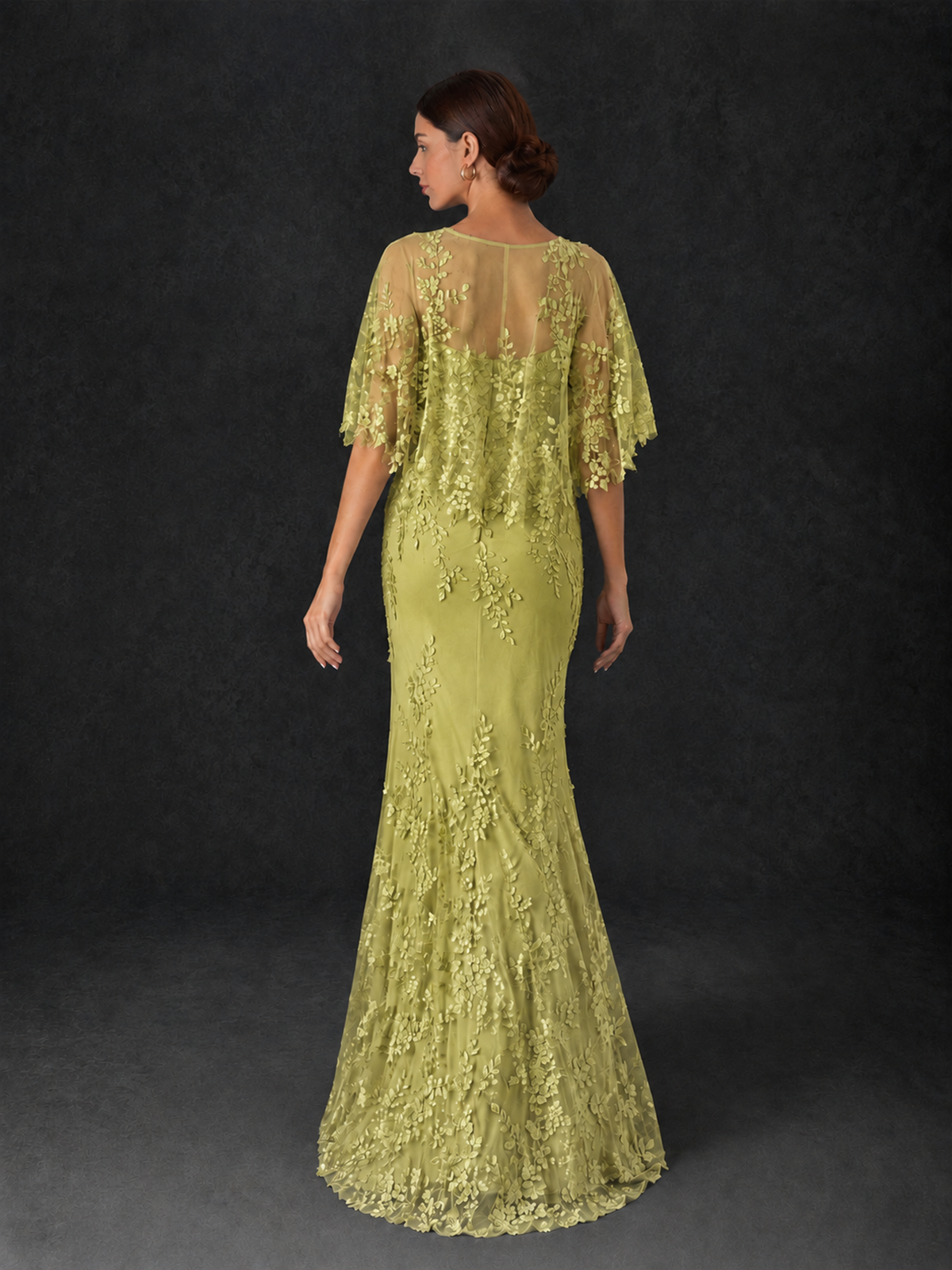 BOLODOO Chartreuse Botanical Lace Flutter Sleeve Mermaid Gown - Chartreuse - Chartreuse_2