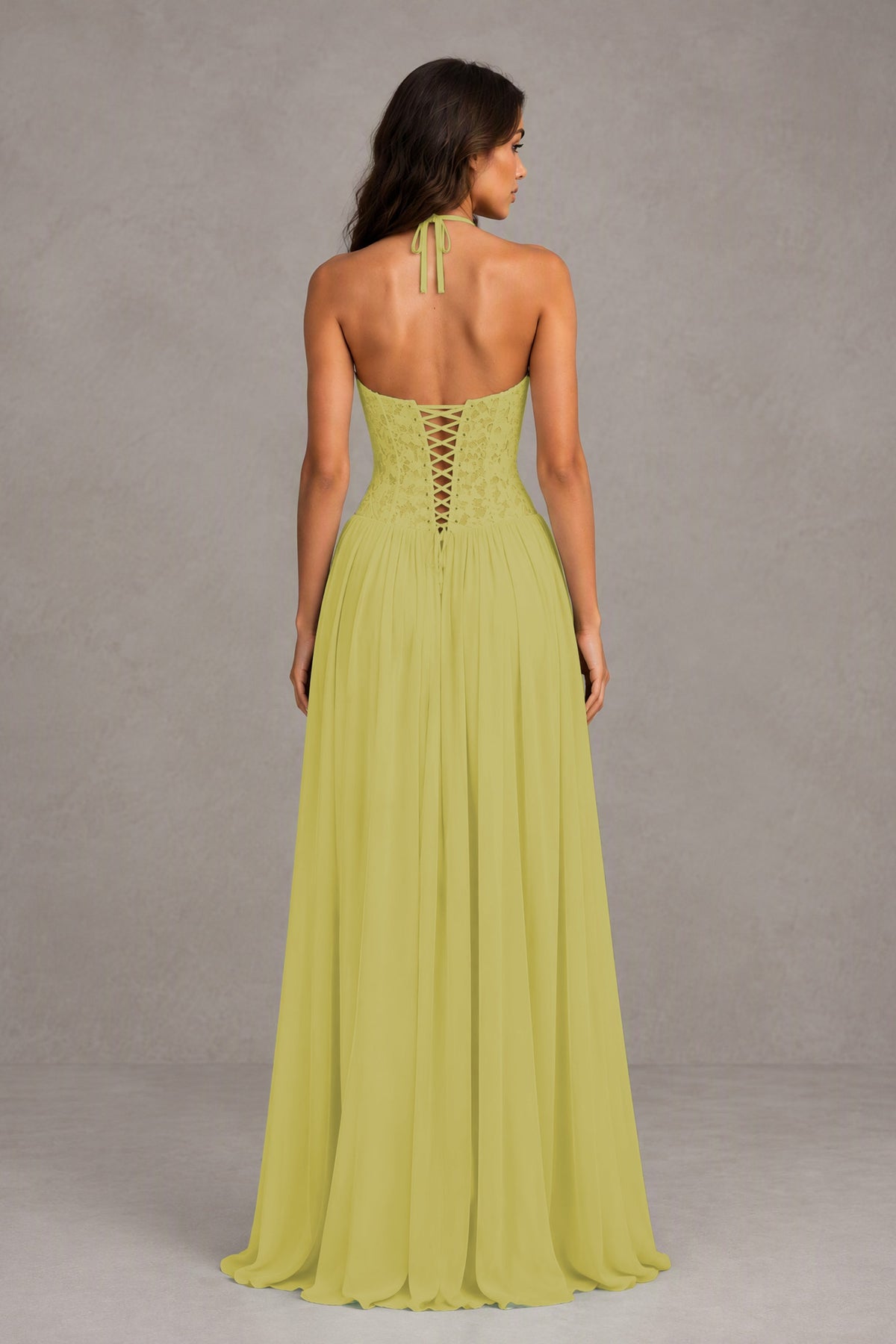 BOLODOO Chartreuse Lace Corset Halter Maxi Gown – Backless A-Line Formal Dress - Chartreuse - Chartreuse(2)