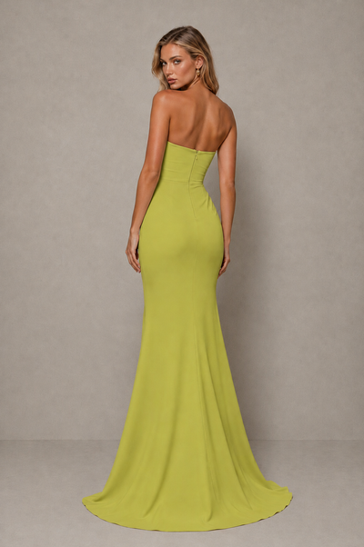 BOLODOO Chartreuse Strapless Sweetheart Ruched Mermaid Gown | Cascade Drape Formal Evening Dress - Chartreuse - Chartreuse_2