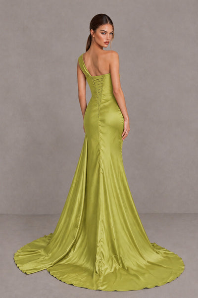 BOLODOO Chartreuse One Shoulder Satin Mermaid Evening Dress with Ruched Slit Skirt - Chartreuse - Chartreuse_2